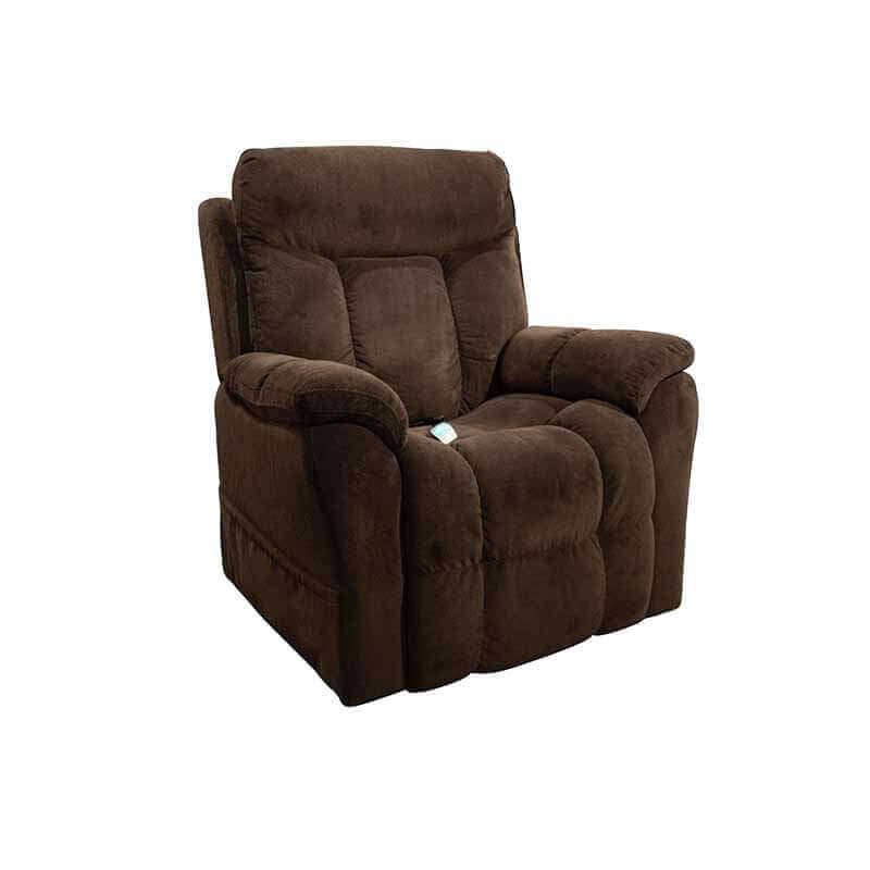 Brown Mega Motion MM-5300 Power Lift Recliner with lots of cushioning, shown sitting upright featuring side pockets for storage