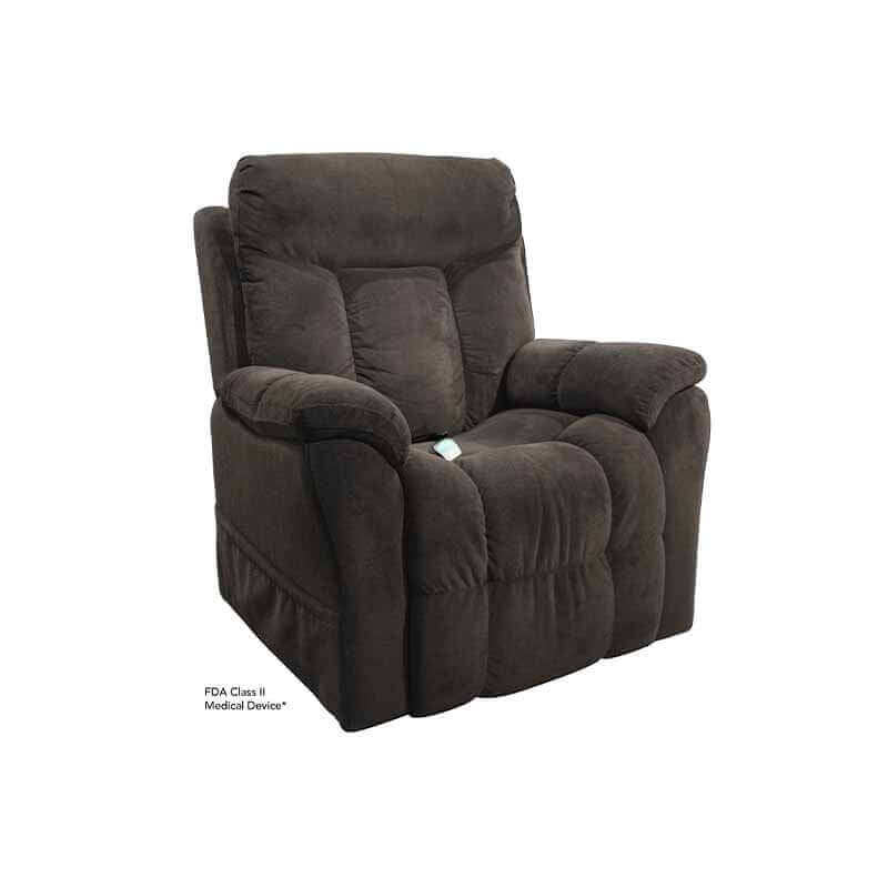 Brown Mega Motion MM-5300 Power Lift Recliner with lots of cushioning, lifting up the seat tilted forward to aid in standing up