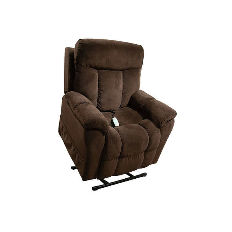 Brown Mega Motion MM-5300 Power Lift Recliner with lots of cushioning, lifting up the seat tilted forward to aid in standing up