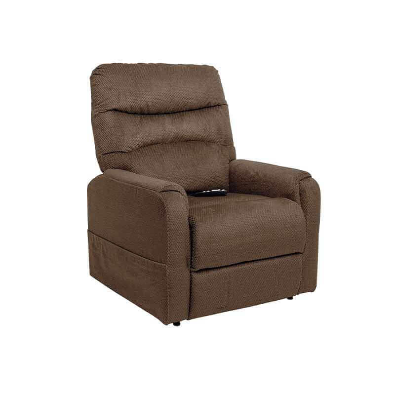 Walnut Brown Mega Motion MM-3601 lift recliner with heat & massage, sitting upright with backrest straight & footrest down