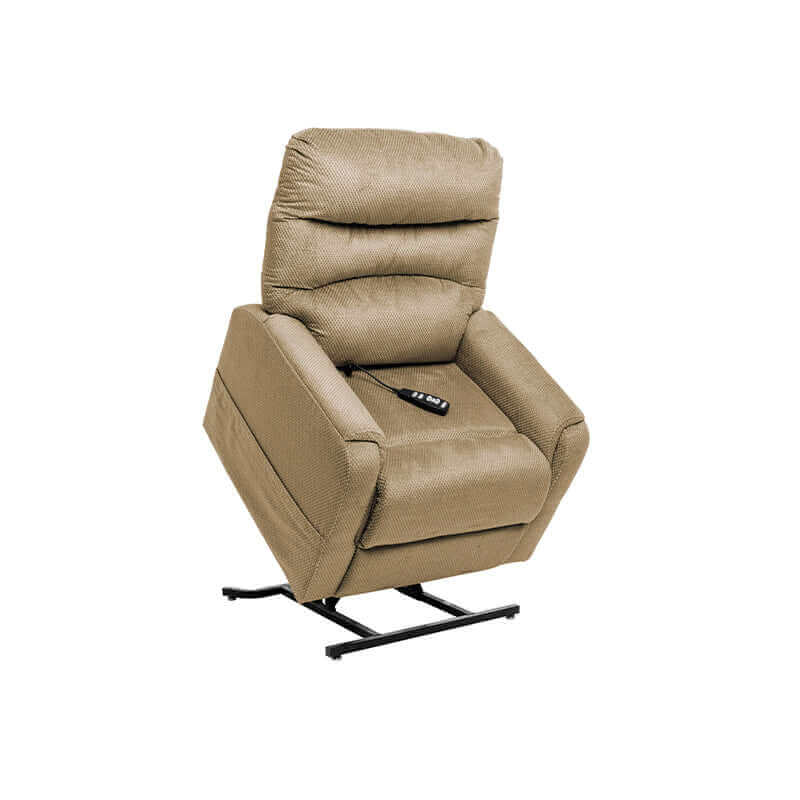 Golden brown Mega Motion MM-3601 lift recliner with heat & massage, shown in lift position with backrest tilted forward to help user stand