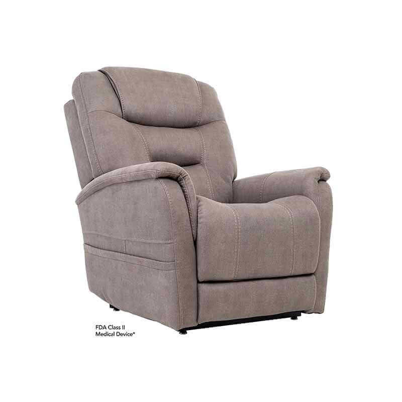Taupe colored Mega Motion MM-3730 Lift Chair with Lumbar support, shown in upright position featuring side pockets store items