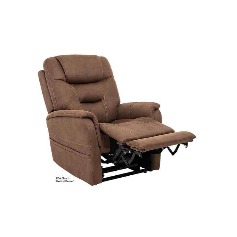 Brown Mega Motion MM-3730 Lift Chair with lumbar support, reclined to a TV-watching position with footrest elevated for optimal comfort