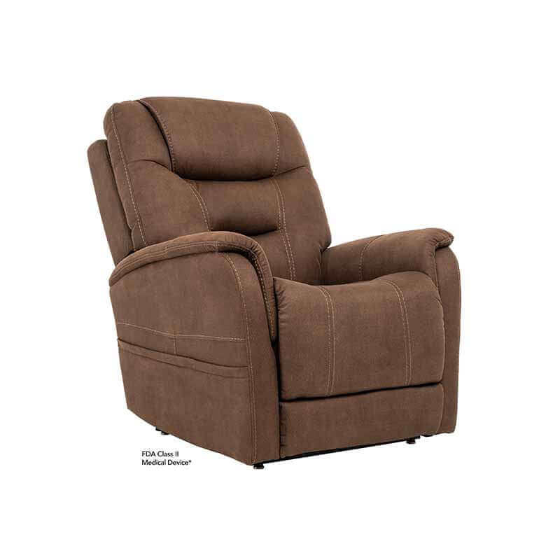 Brown Mega Motion MM-3730 Lift Chair with lumbar support, displayed in an upright seated position with padded armrests