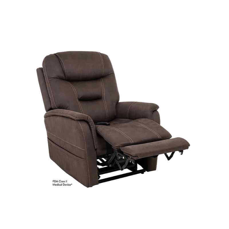 Dark Brown Mega Motion MM-3730 Lift Chair with lumbar support, in a TV-watching position with footrest elevated to kick up your feet & relax