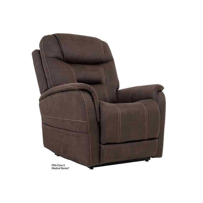 Dark Brown Mega Motion MM-3730 Lift Chair with lumbar support, displayed in an upright seated position with padded armrests & side pockets