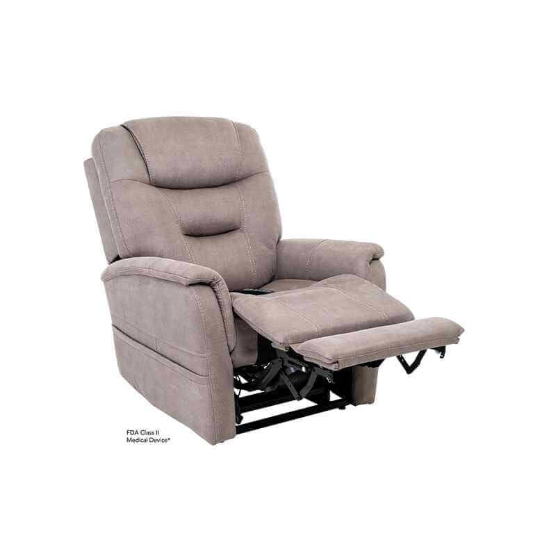 Taupe colored Mega Motion MM-3730 Lift Chair with Lumbar support, slight reclined back with footrest elevated up. Ideal for tv watching