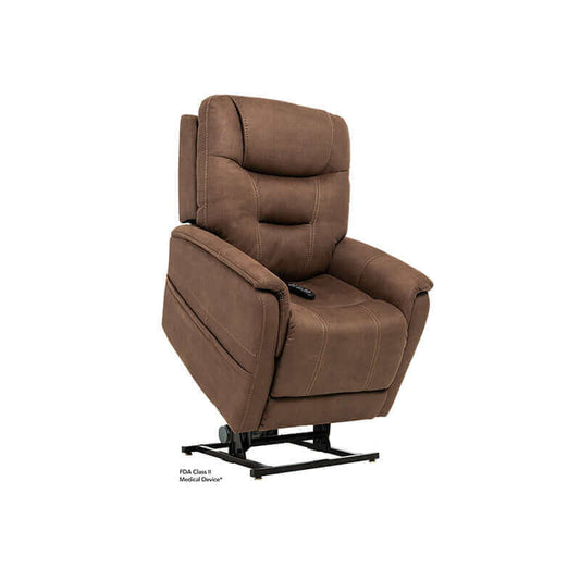 Brown Mega Motion MM-3730 Lift Chair with Lumbar support, shown with lift mechanism lifting up tilting seat forward to help user stand up