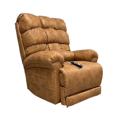 Perfect Sleep Chair covered in tan Duralux leather like fabric, sitting upright featuring an extended footrest