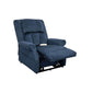 Blue Mega Motion Heavy Duty Lift Chair 500lb, with backrest upright and footrest elevated high. Ideal for TV watching.