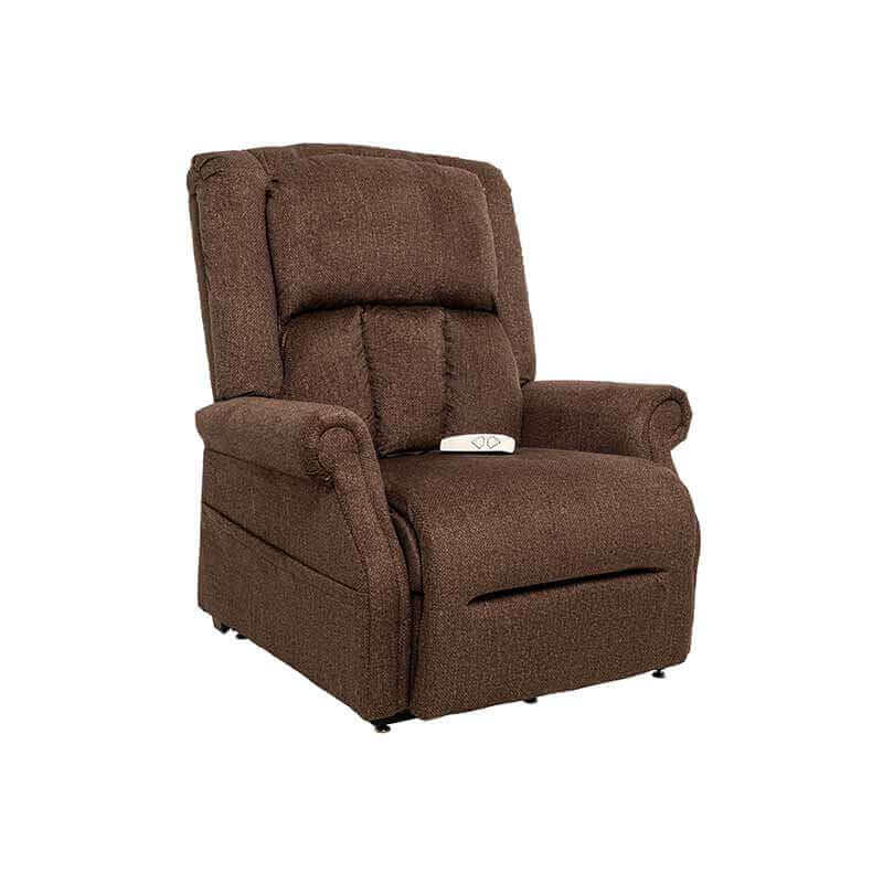Brown Mega Motion Heavy Duty Lift Chair 500lb featuring side pockets, shown in an upright sitting position. Designed for users up to 500 pounds