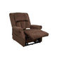 Brown Mega Motion Heavy Duty Lift Chair 500lb, with backrest upright and footrest elevated all the way up. Ideal for TV watching.