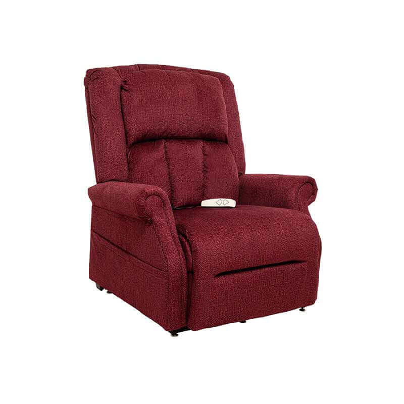 Red Wine Mega Motion Heavy Duty Lift Chair 500lb featuring side pockets, shown in an upright position. Designed for users up to 500 pounds