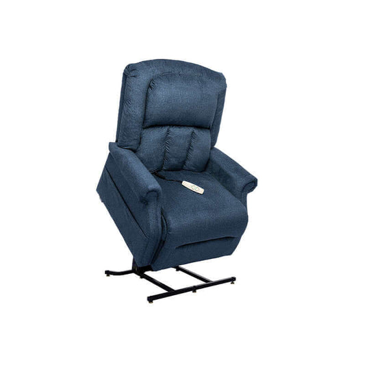 Blue Mega Motion Heavy Duty Lift Chair 500lb, shown in the lift position with seat tilted forward, designed to support up to 500 pounds