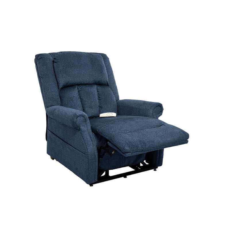Blue Mega Motion Heavy Duty Lift Chair 500lb with Heat & Massage, shown partially reclined position with leg rest raised all the way up. 