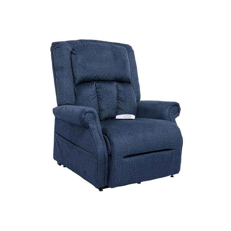 Blue Mega Motion Heavy Duty Lift Chair 500lb with Heat & Massage featuring side pockets, shown in upright position & footrest down
