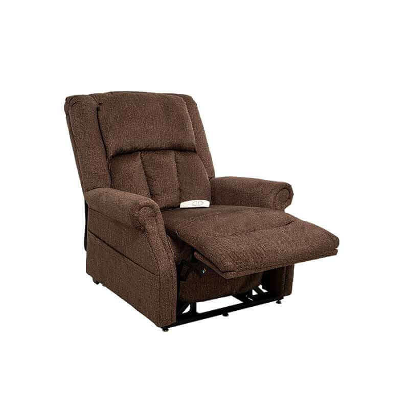Brown Mega Motion Heavy Duty Lift Chair 500lb with Heat & Massage, shown with footrest raised high & back slightly reclined for TV watching