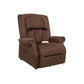 Brown Mega Motion Heavy Duty Lift Chair 500lb with Heat & Massage featuring side pockets, shown in upright position