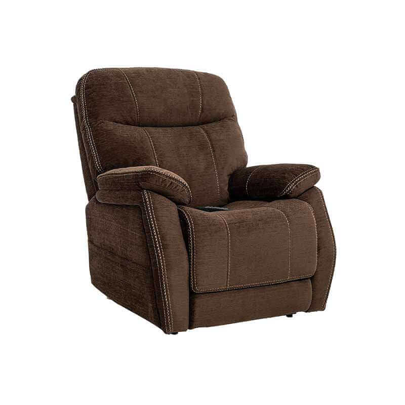 Mink Brown Mega Motion MM-3710 Infinite Position Lift Chair in neutral seated position with backrest upright featuring padded armrests