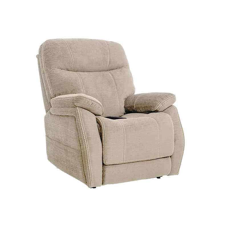 Mega Motion MM-3710 Infinite Position Lift Chair in Natural Cream color. Shown in a seated position with well padded armrests