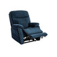 Navy Blue Mega Motion MM-3710 Infinite Position Lift Chair with backrest slightly reclined and footrest elevated. Great for watching TV.