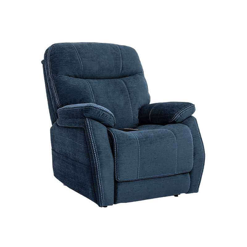 Navy Blue Mega Motion MM-3710 Infinite Position Lift Chair featuring with heavy padded cushion armrest. Chair is sitting in upright position.