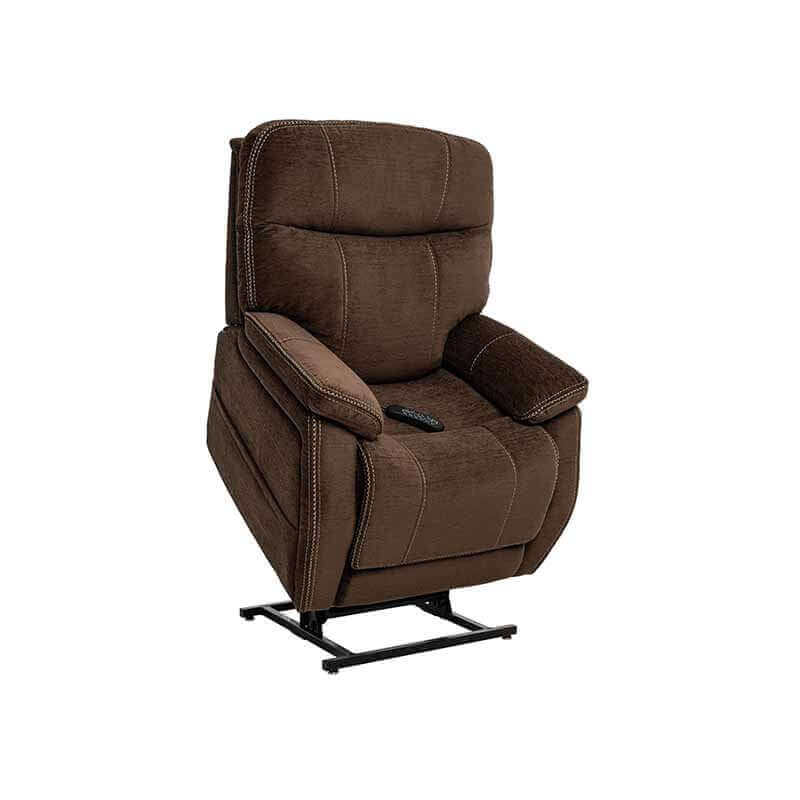 Mega Motion MM-3710 Infinite Position Lift Chair in Natural Cream color. Shown in a lifted position with the remote on the right armrest