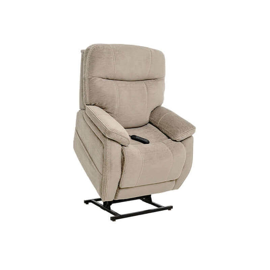 Mega Motion MM-3710 Infinite Position Lift Chair in Natural Cream color. Shown in a lifted position with the remote on the right armrest