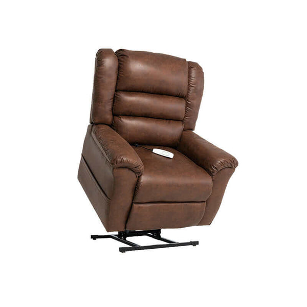Mega Motion MM-6200 Lift Reclining Chair in reddish brown color, shown lifting up with seat tilted forward to help user stand up on their own