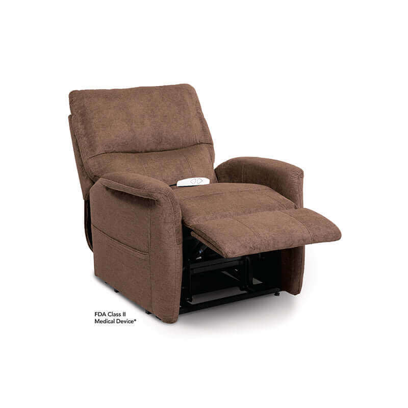 Brown Mega Motion MM-3250 lift recliner chair, reclined back at 45-degree for TV watching with footrest elevated to relax the legs