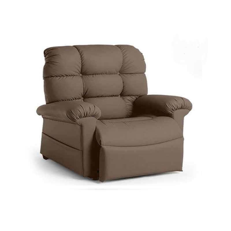  Chocolate-colored Perfect Sleep Chair with side pockets made with Miralux material sitting in upright position.