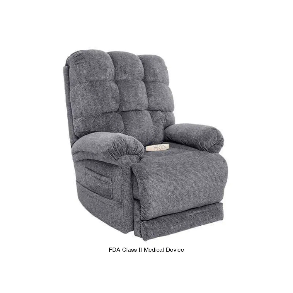 Gray Mega Motion Trendelenburg Lift Chair with heat & massage, shown in upright position with soft cushioning and padded armrest