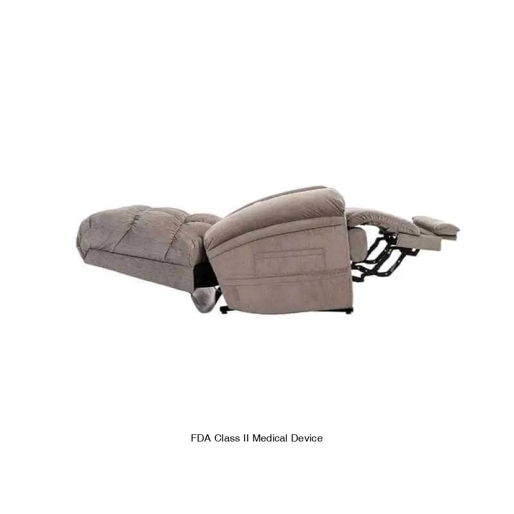 Mega Motion Trendelenburg Lift Chair in natural beige color, shown laying flat like a bed with footrest raised