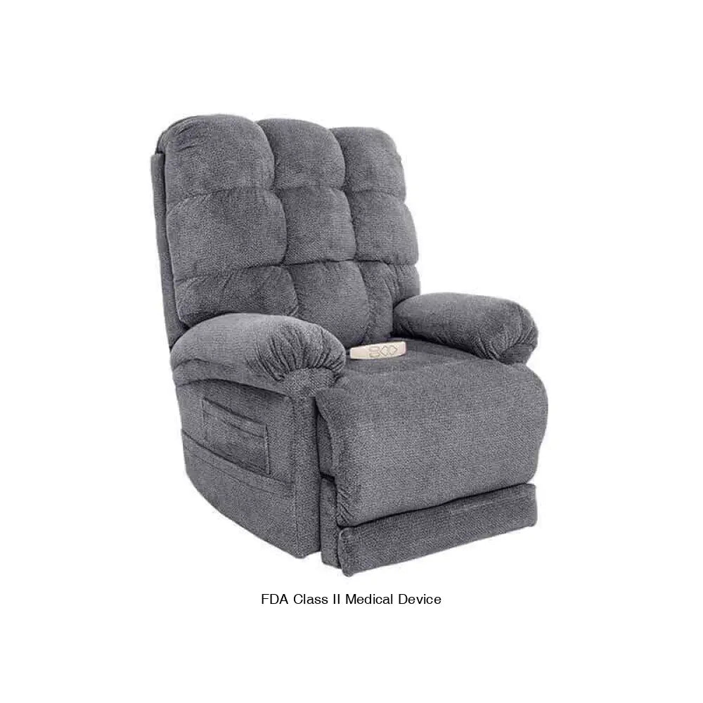 Gray Mega Motion Trendelenburg Lift Chair with plush cushioning and comfortably padded armrests, sitting in upright position