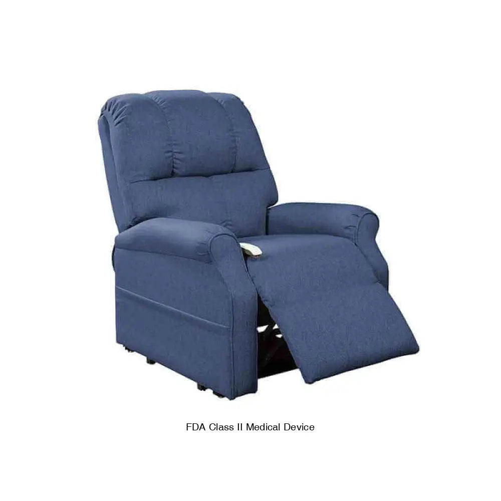 Blue Mega Motion 3-position lift chair, shown in a slight reclined position with the footrest partially elevated