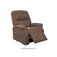 Brown Mega Motion 3-position lift chair with backrest in upright position and footrest partially elevated for comfort