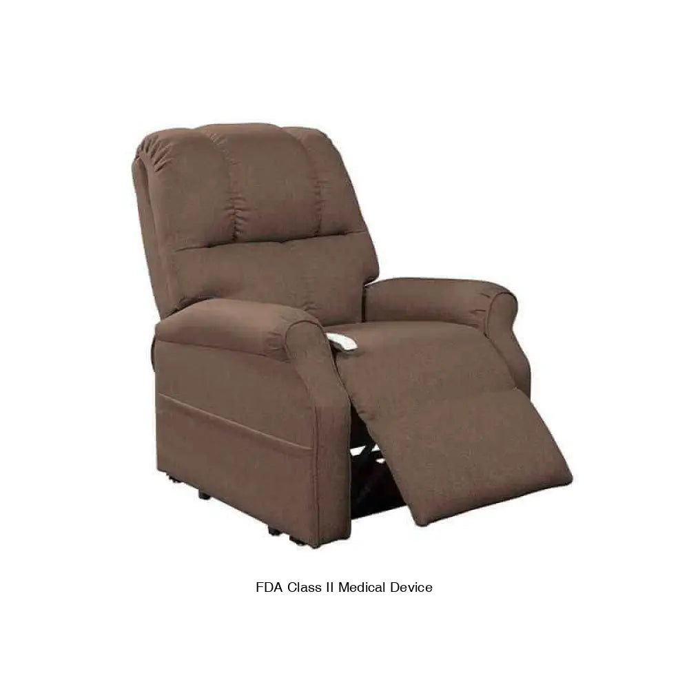 Brown Mega Motion 3-position lift chair with backrest in upright position and footrest partially elevated for comfort