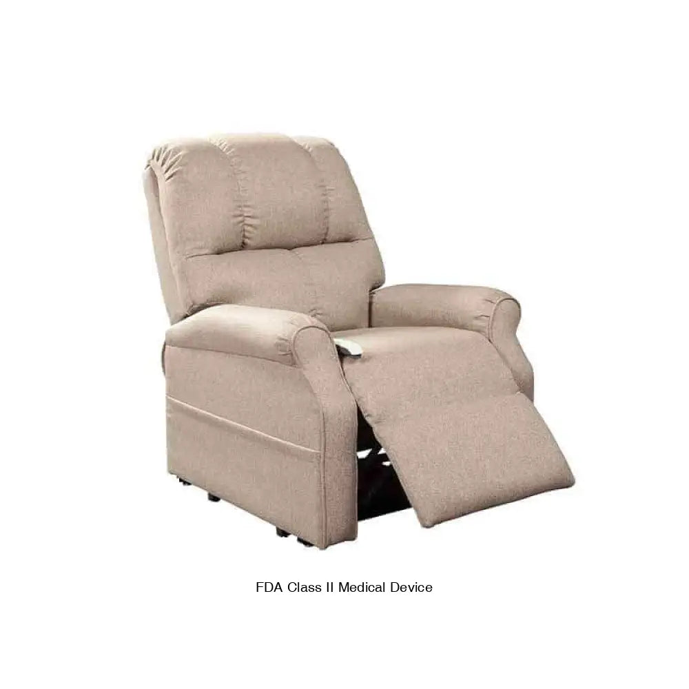 Beige Mega Motion 3-position lift chair shown with backrest in upright position and footrest partially elevated