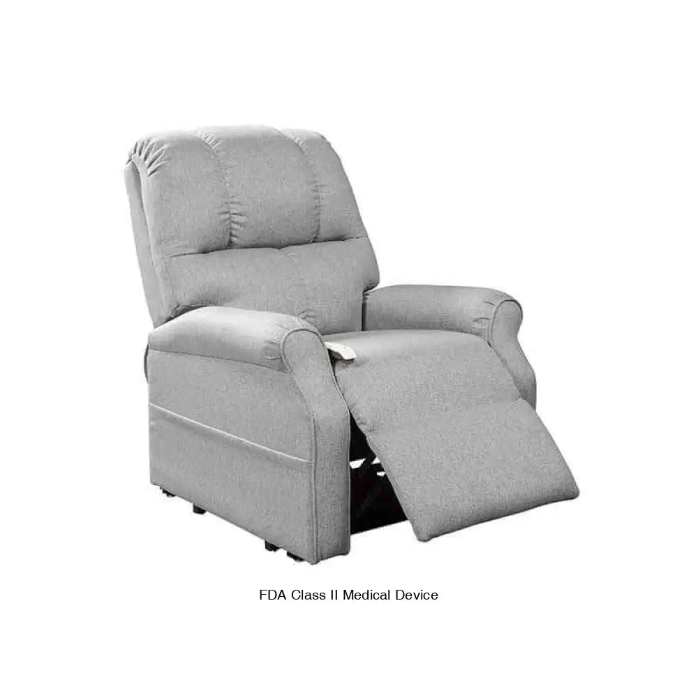 Mega Motion 3-position lift chair in silver gray color with backrest in upright position and footrest partially elevated