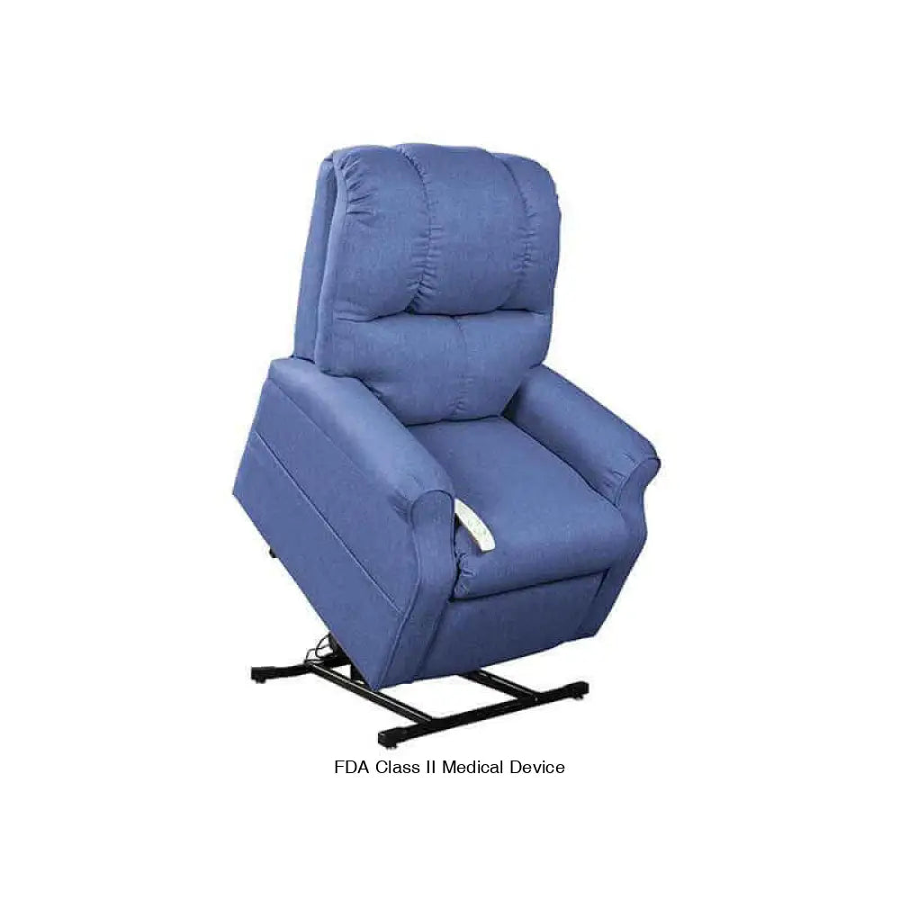 Blue Mega Motion 3-position lift chair, shown in the lift position with the seat tilted forward to assist in standing up