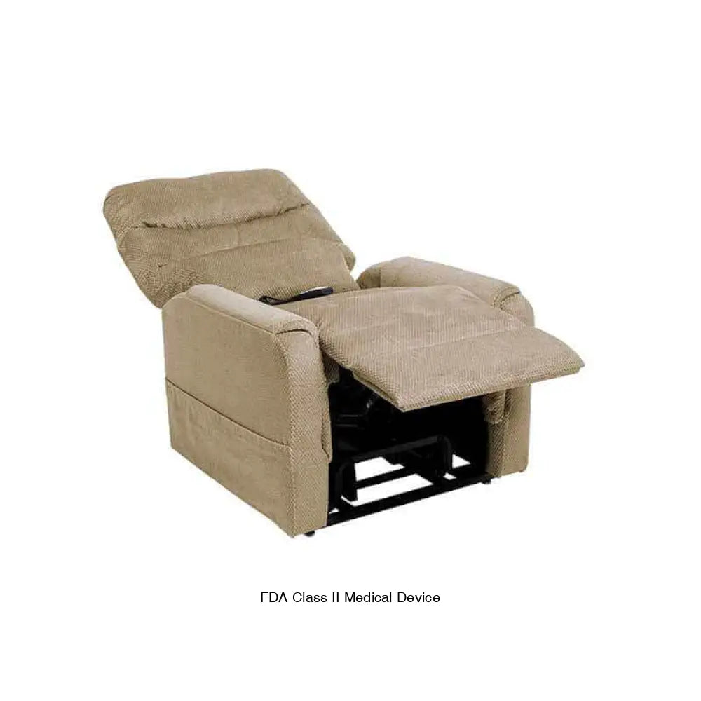 Golden brown Mega Motion MM-3601 lift recliner with heat & massage, reclined to napping position with footrest elevated up high