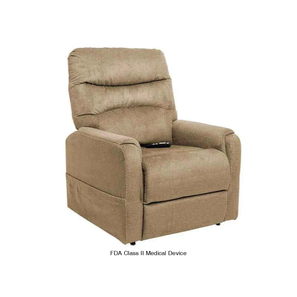  Golden brown Mega Motion MM-3601 lift recliner with heat & massage, in upright position with backrest straight & footrest down