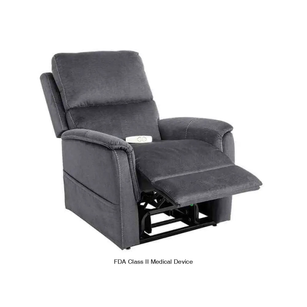 Metallic gray Mega Motion MM-3605 Power Lift Recliner in a partially reclined with footrest raised halfway up. Perfect for TV watching