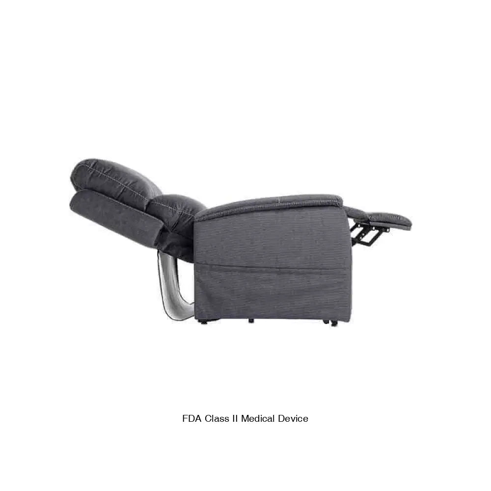 Metallic gray Mega Motion MM-3605 Power Lift Recliner reclined to napping position for a good nap with footrest fully raised