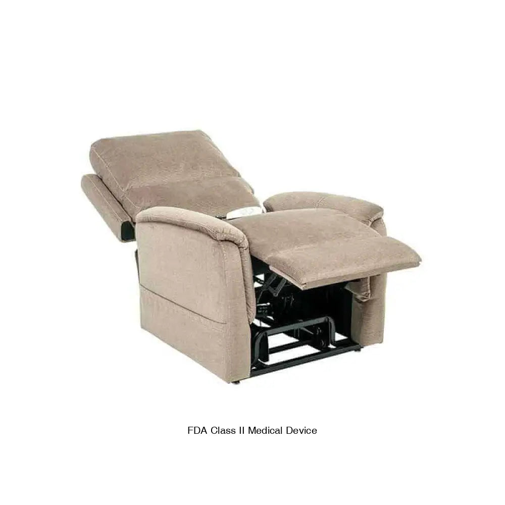 Mega Motion MM-3605 Power Lift Recliner in taupe color, with backrest reclined for lounging and footrest elevated all the way up