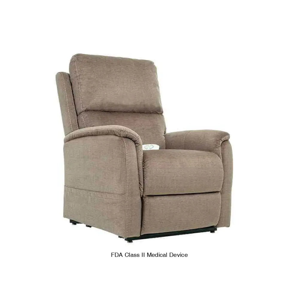 Mega Motion MM-3605 Power Lift Recliner in taupe color, sitting in upright position showing padded backrest and arms with side pocket