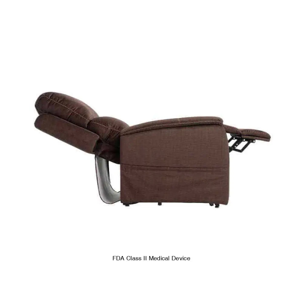 Coffee brown Mega Motion MM-3605 Power Lift Recliner in napping position to take a good nap with backrest reclined & footrest fully raised