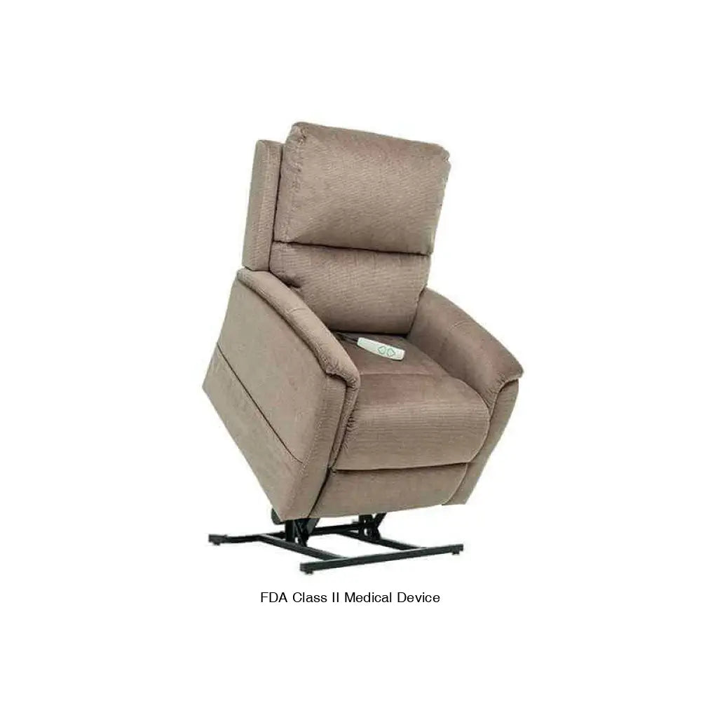 Coffee brown Mega Motion MM-3605 Power Lift Recliner in upright lift position, with seat tilted forward to assist user in standing up