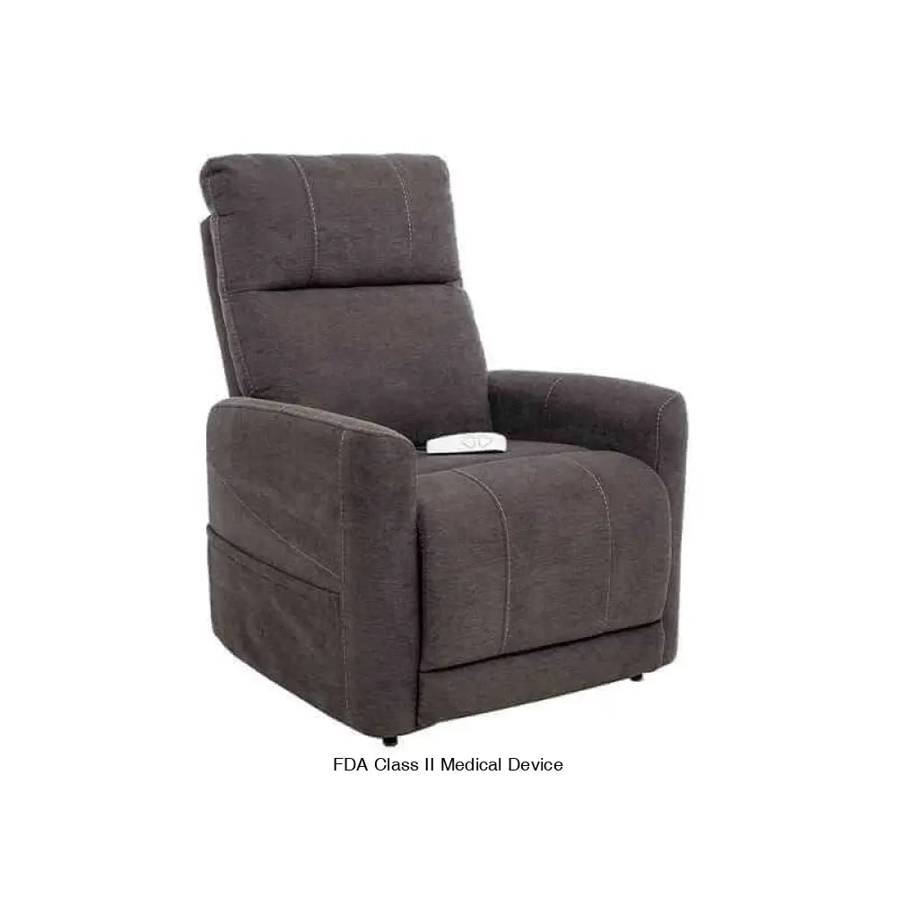 Dark gray Mega Motion MM-3615 Power Lift Recliner with heat & massage, in an upright sitting position with the footrest down