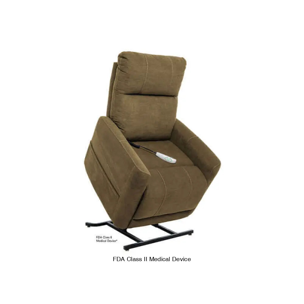 Olive color Mega Motion MM-3615 Power Lift Recliner with heat & massage in lift position with seat tilted forward to assist user stand up